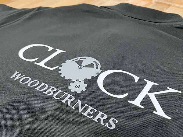 Vinyl Printed Polo-shirt with Clock Woodburners Logo