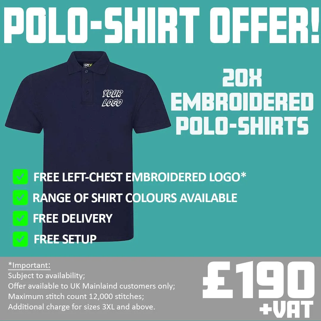Image of offer for 20 embroidered polo shirts for £190