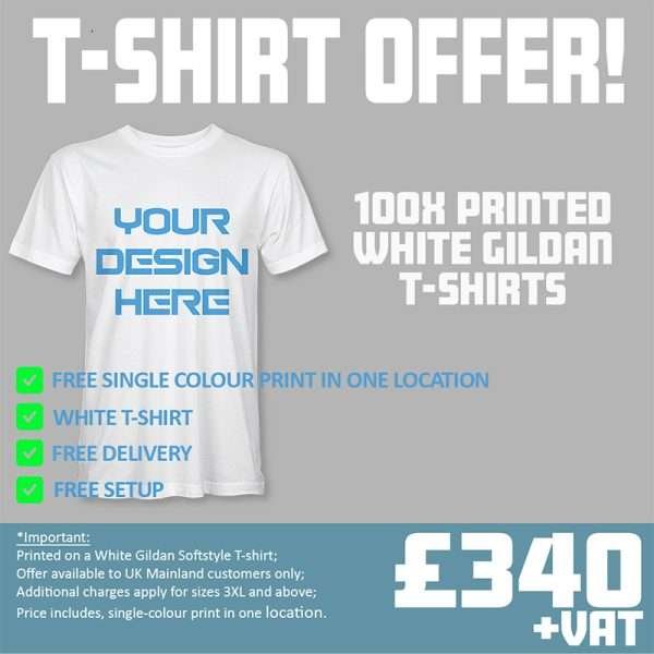 White Gildan T-shirts with a single colour print