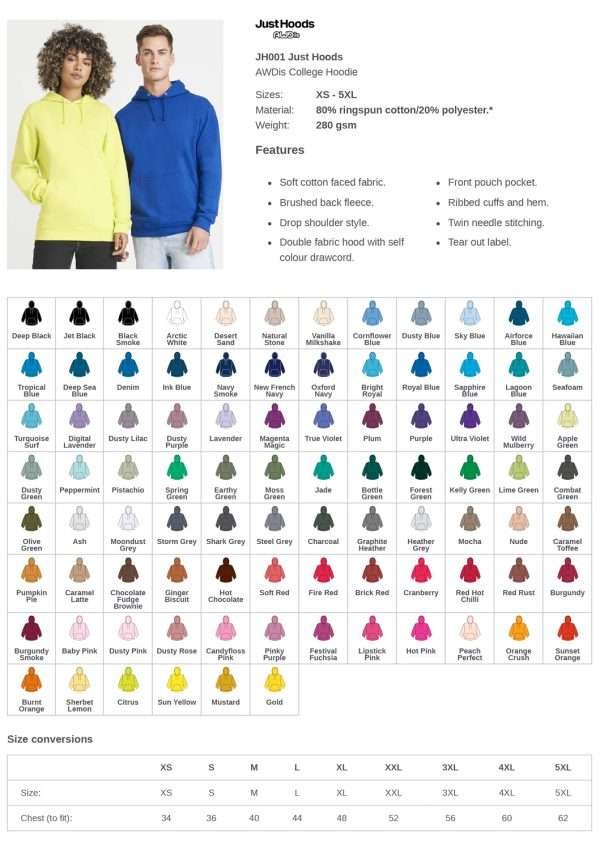 JH001 AWDis College Hoodie Colour Card