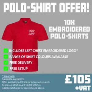 Image of offer for 10 embroidered polo shirts for £105