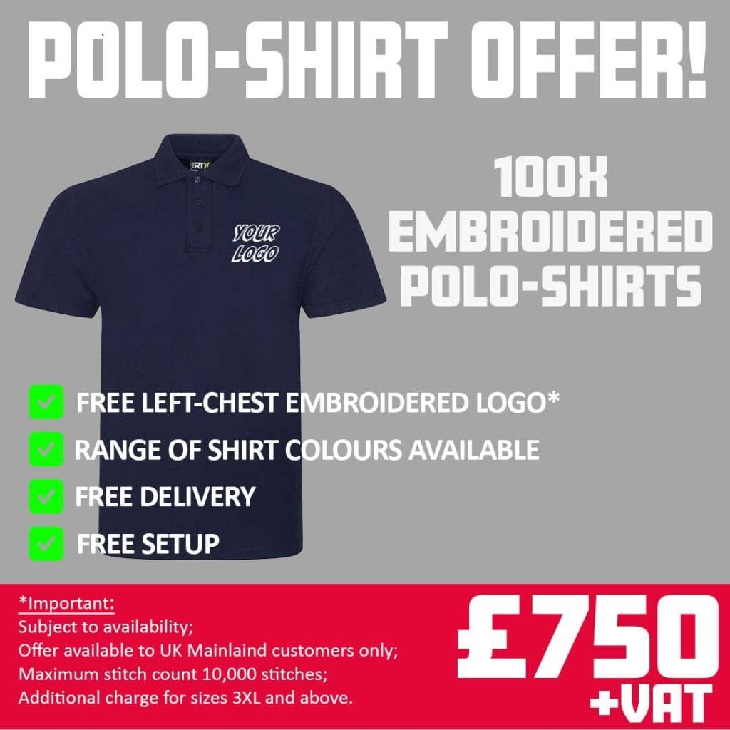 Image of offer for 100 embroidered polo shirts for £750