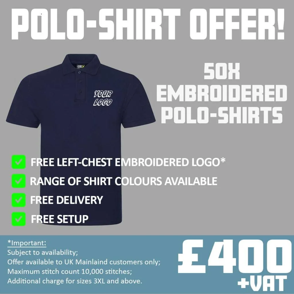 Image of offer for 50 embroidered polo shirts for £400