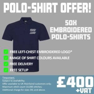 Image of offer for 50 embroidered polo shirts for £400
